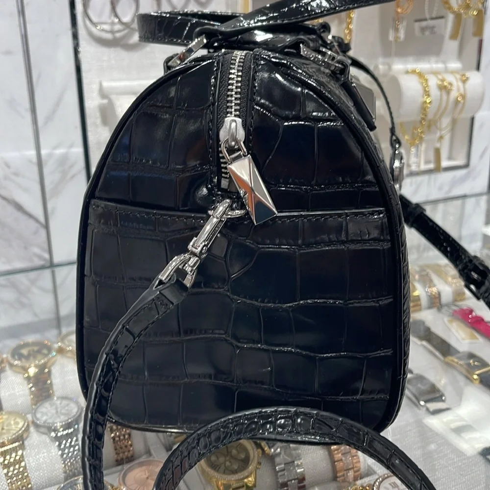 Michael Kors Grayson Medium Crocodile Embossed Leather Satchel Black  NWT